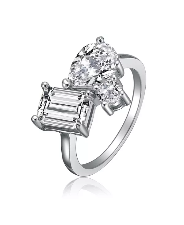 Кольцо из стерлингового серебра с белым золотом и прозрачным кубическим цирконием с тремя камнями Genevive, white