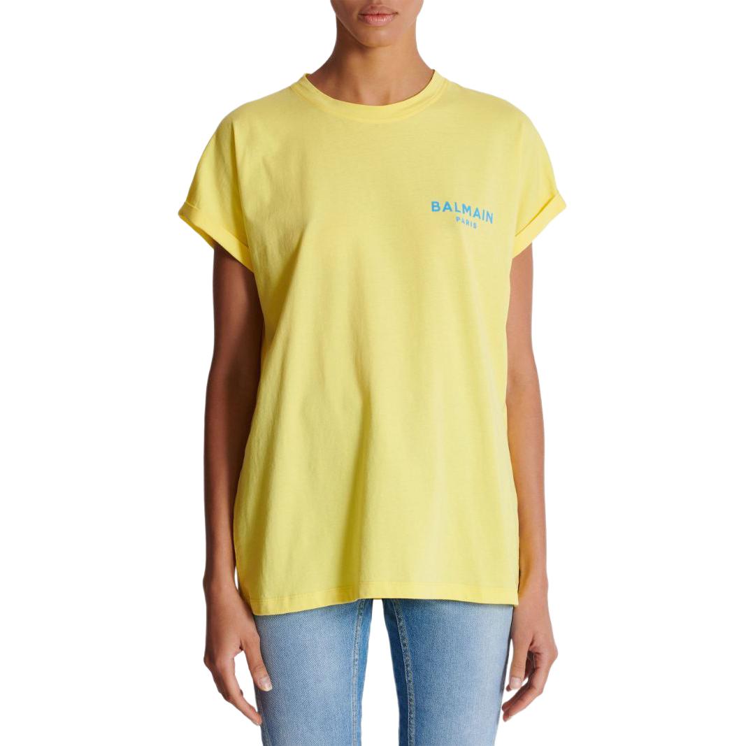 Футболка из хлопка с флокированным логотипом BALMAIN, желтая
Футболка из хлопка с флокированным логотипом BALMAIN, желтая