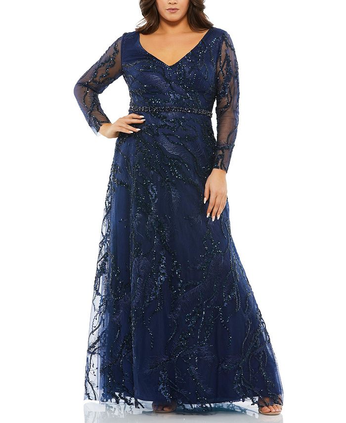 Платье А-силуэта с длинными рукавами и V-образным вырезом, украшенное иллюзорной отделкой больших размеров Mac Duggal, синий
Платье А-силуэта с длинными рукавами и V-образным вырезом, украшенное иллюзорной отделкой больших размеров Mac Duggal, синий