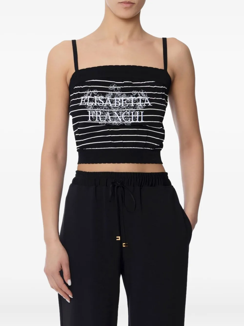 Полосатый вышитый топ Elisabetta Franchi, черный
Полосатый вышитый топ Elisabetta Franchi, черный