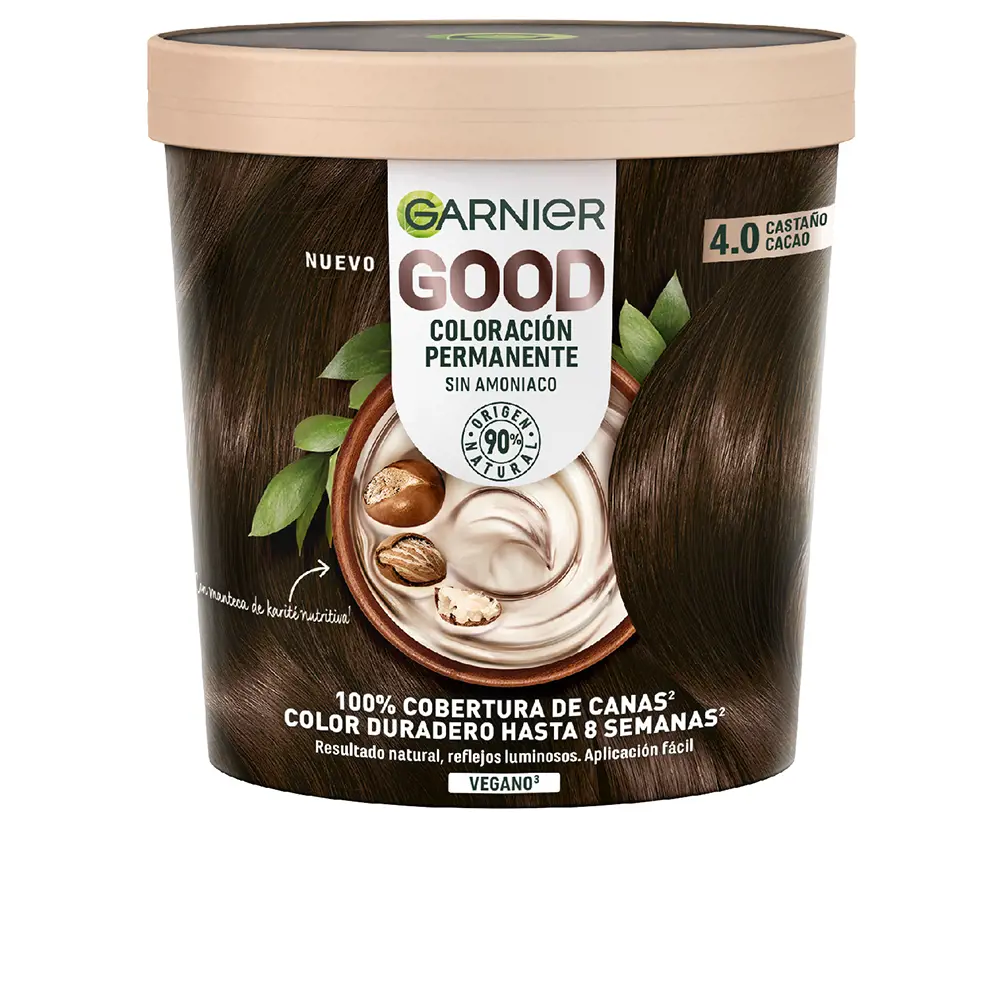 Краска для волос Good coloración permanente Garnier, цвет 4.0 castaño cacao, 217 мл.
Краска для волос Good coloración permanente Garnier, цвет 4.0 castaño cacao, 217 мл.