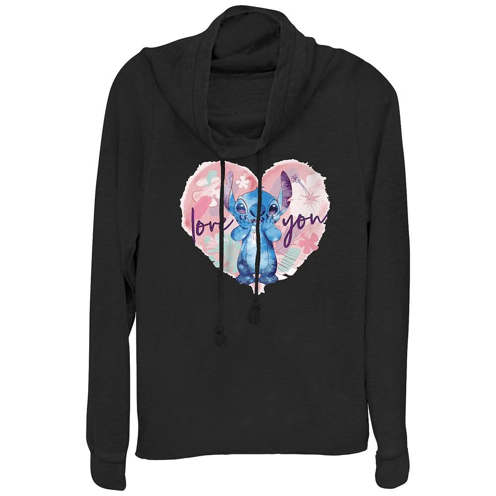 Легкая детская футболка Disney's Lilo & Stitch Love You Stitch с воротником-хомутом и длинными рукавами, черный