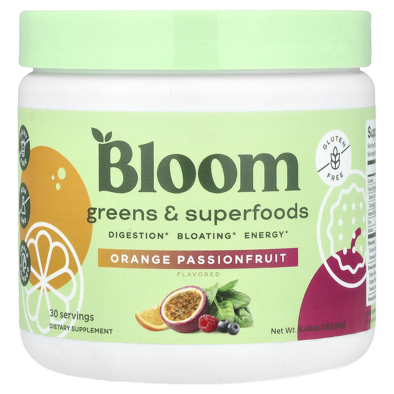 Bloom, зелень и суперфуды, со вкусом маракуйи с апельсина, 183,6 г (6,45 унции)
Bloom, зелень и суперфуды, со вкусом маракуйи с апельсина, 183,6 г (6,45 унции)