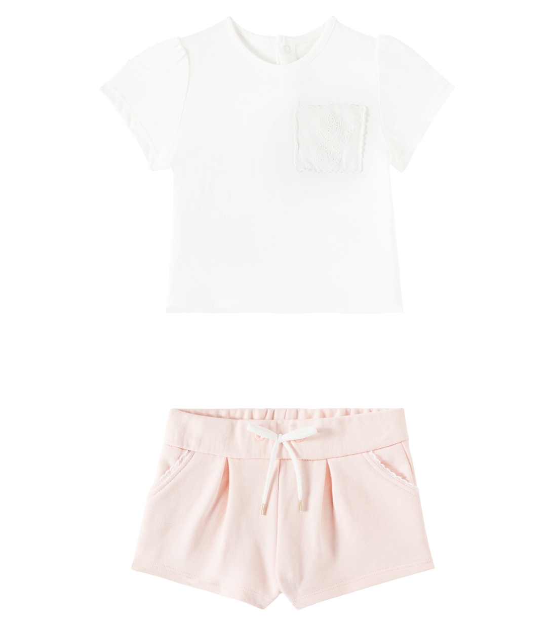 Комплект из футболки и шорт из хлопкового трикотажа для младенцев Chloé Kids, Pink White 
Комплект из футболки и шорт из хлопкового трикотажа для младенцев Chloé Kids, Pink White