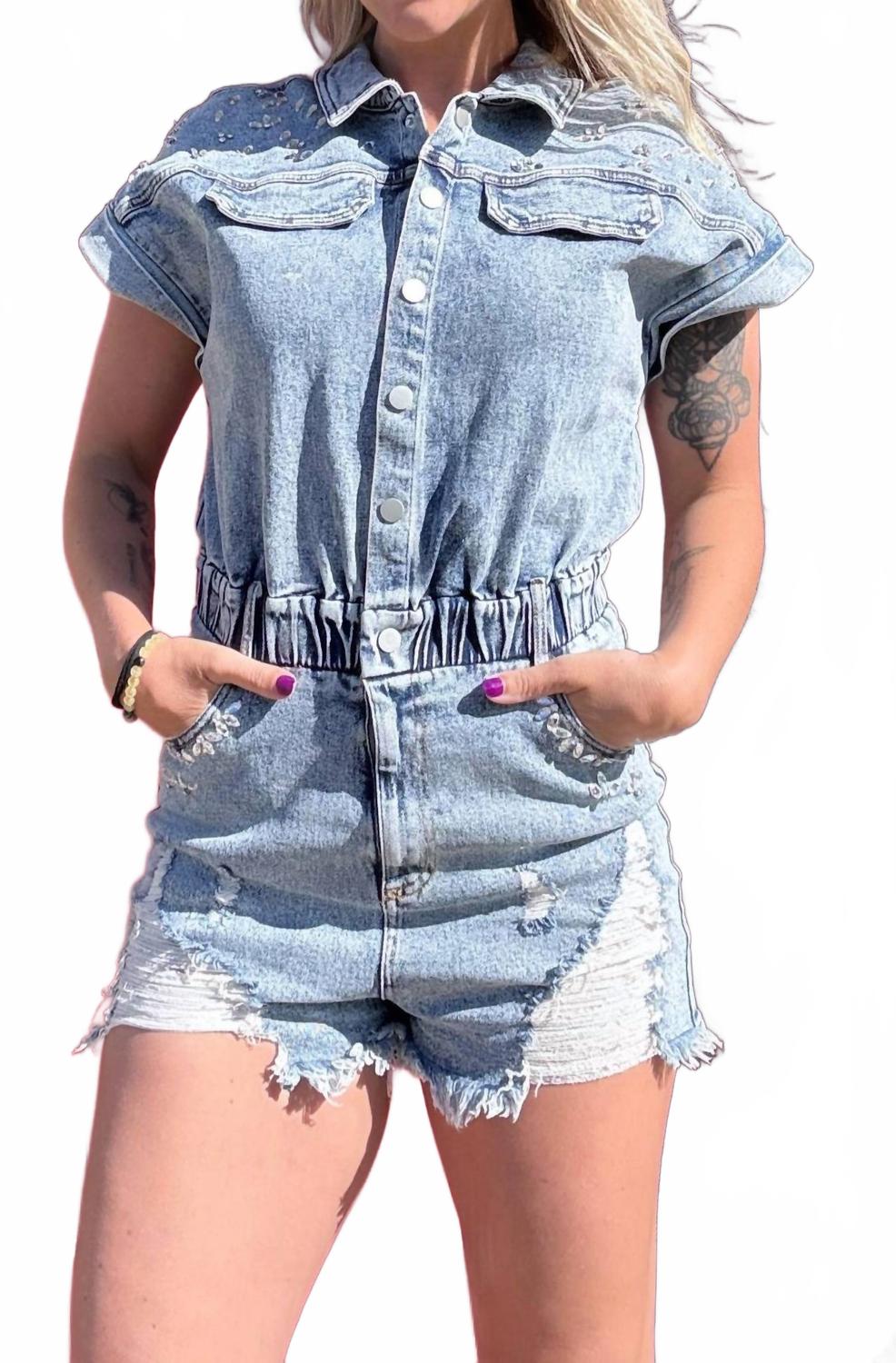 Ромпер из джинсовой ткани с эффектом потертости и декоративными элементами, каменная мойка Blue B, Stone-Washed
Ромпер из джинсовой ткани с эффектом потертости и декоративными элементами, каменная мойка Blue B, Stone-Washed