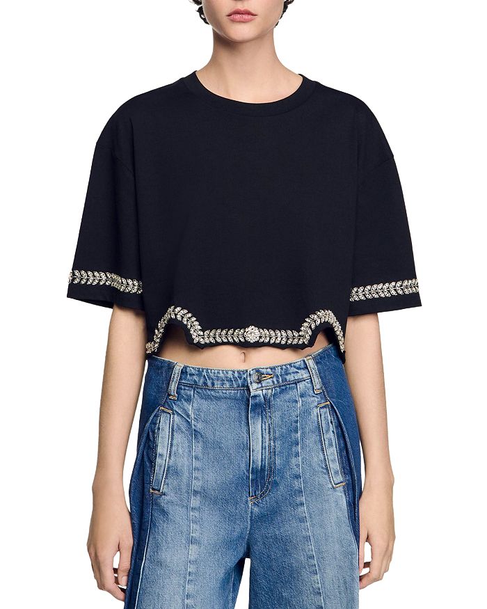 Укороченная футболка со стразами Sandro, черный 
Укороченная футболка со стразами Sandro, черный