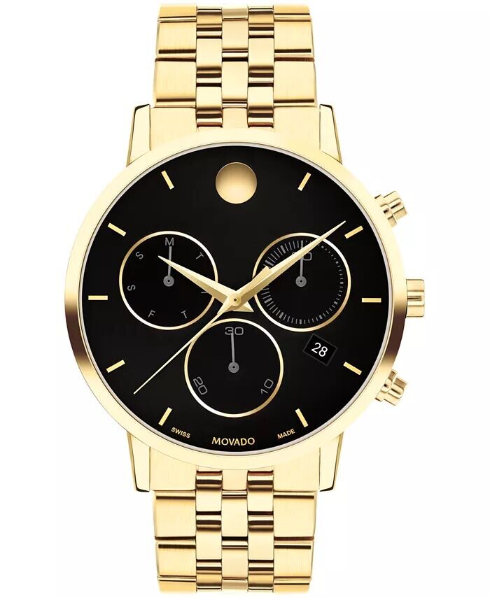Мужские музейные классические швейцарские кварцевые часы с хронографом, светло-желтые с PVD-покрытием, 42 мм Movado
Мужские музейные классические швейцарские кварцевые часы с хронографом, светло-желтые с PVD-покрытием, 42 мм Movado