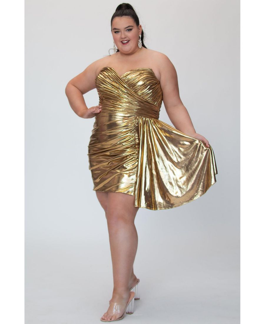 Женское короткое вечернее платье без бретелей золотистого металлического цвета с драпировкой и развевающимися штанинами Sydney's Closet, Gold
Женское короткое вечернее платье без бретелей золотистого металлического цвета с драпировкой и развевающимися штанинами Sydney's Closet, Gold