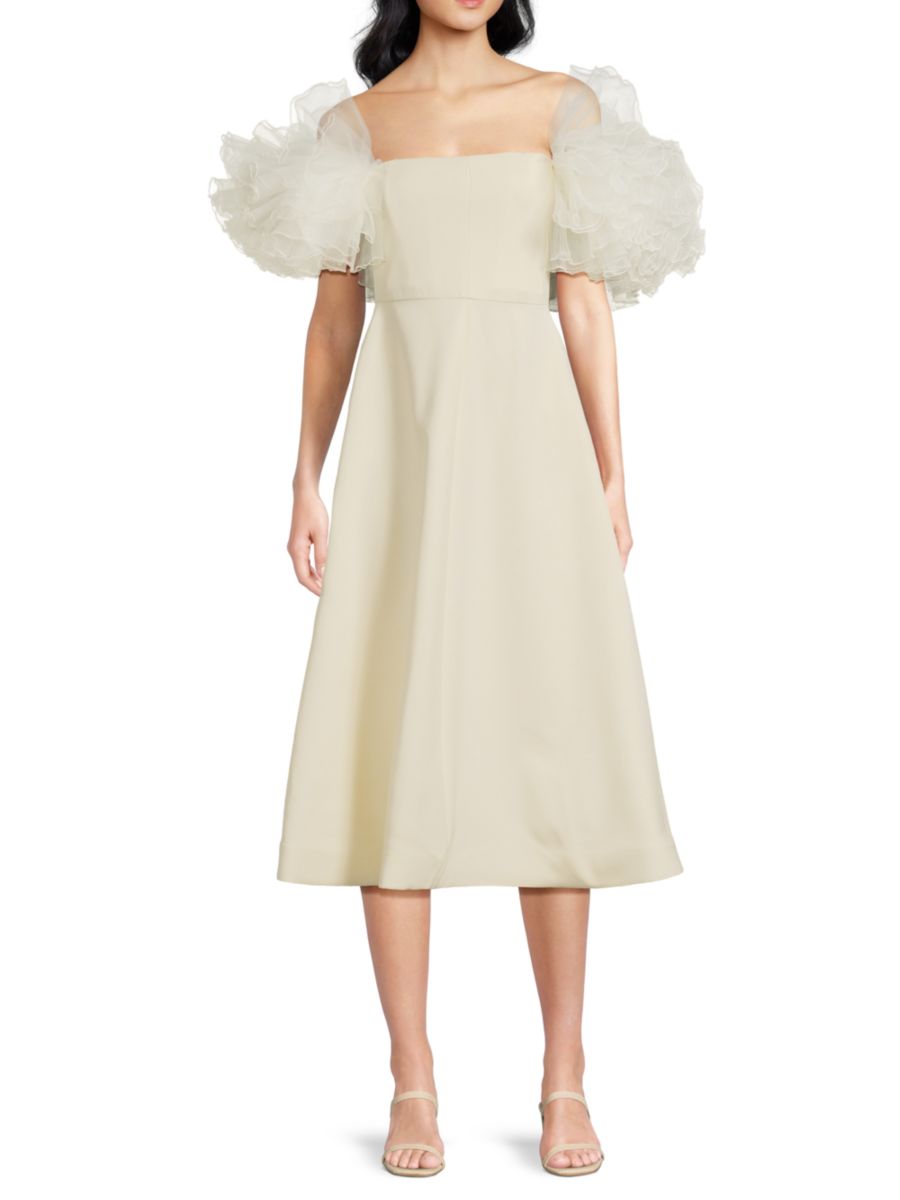 Платье миди из тюля с рукавами-фонариками и эластичным лифом Giambattista Valli, белый 
Платье миди из тюля с рукавами-фонариками и эластичным лифом Giambattista Valli, белый