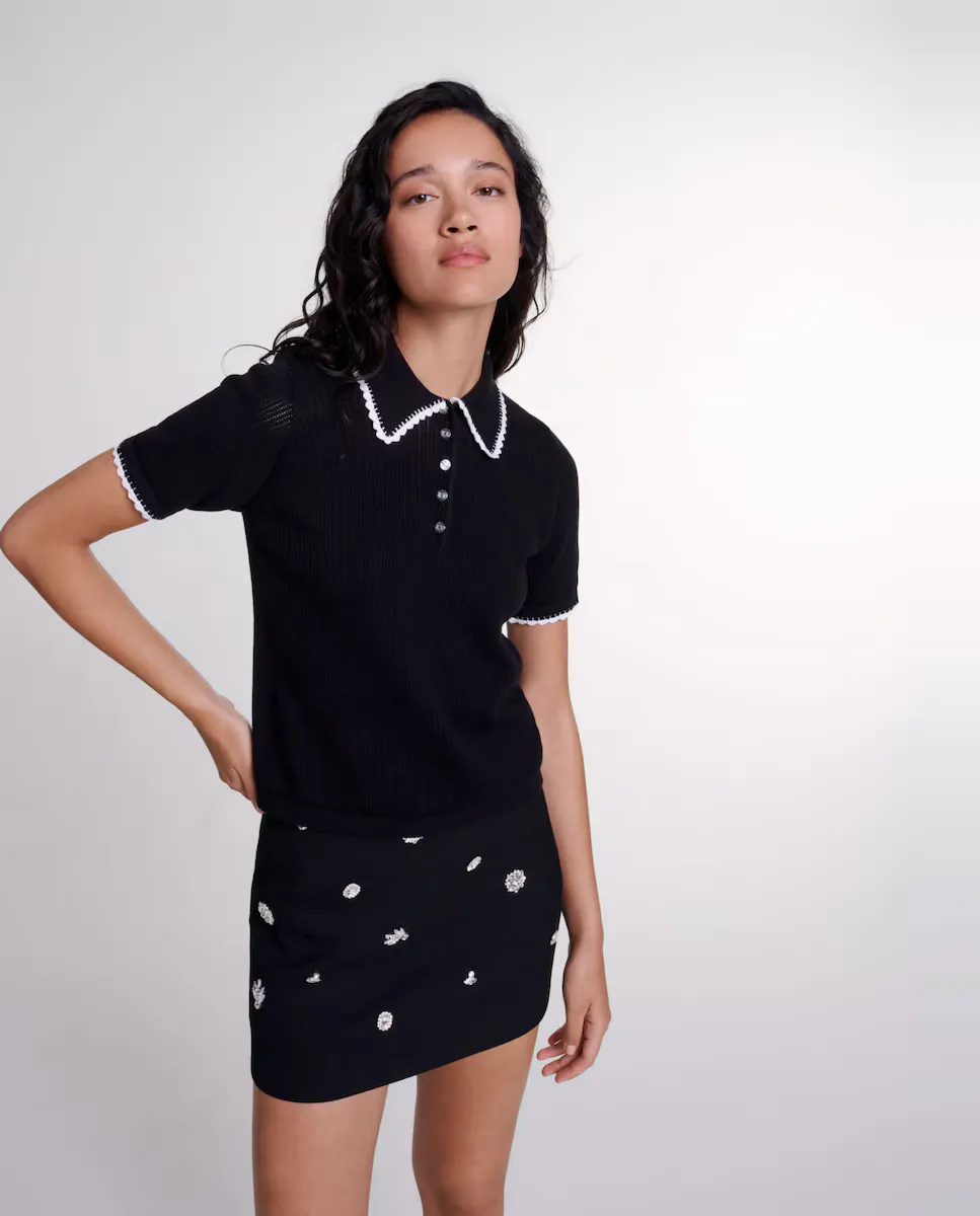 Женская рубашка-поло трикотажа с короткими рукавами и пуантами Maje, черный 
Женская рубашка-поло трикотажа с короткими рукавами и пуантами Maje, черный