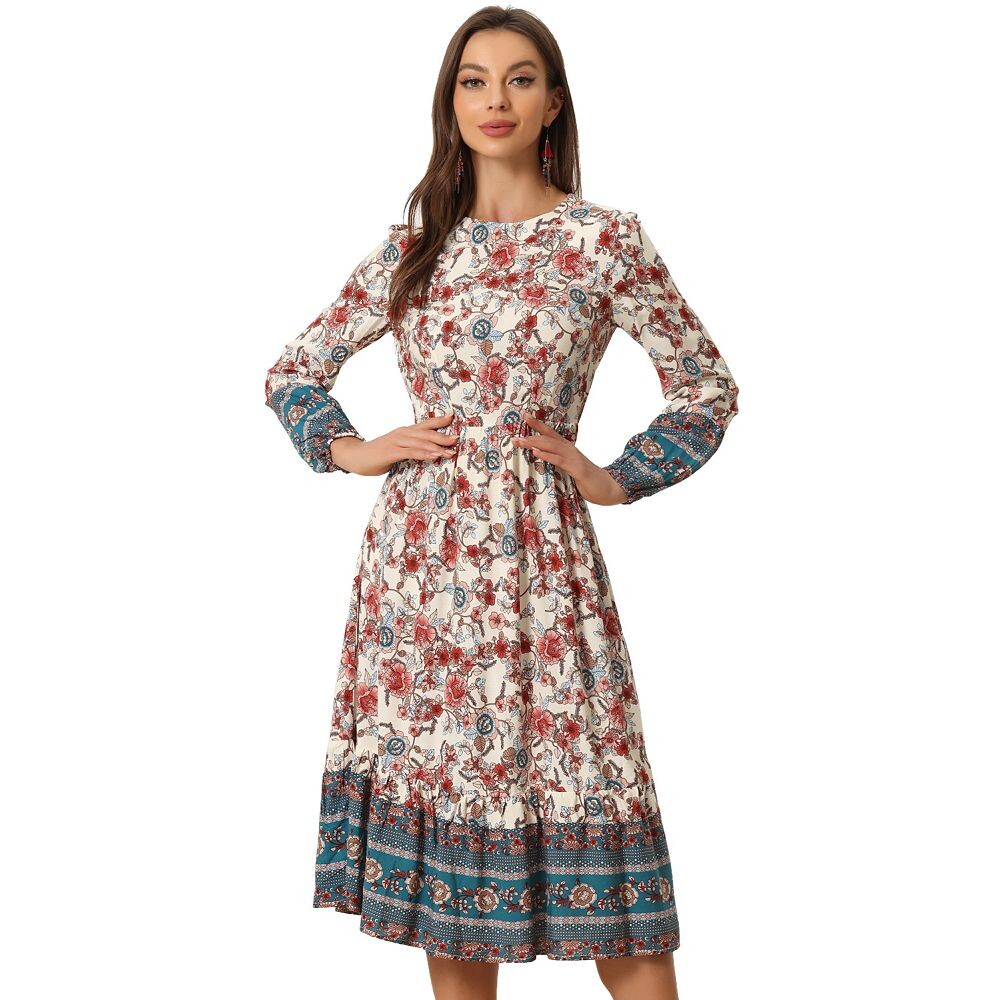 Женское платье макси с длинными рукавами и цветочным принтом в стиле бохо ALLEGRA K, цвет Apricot