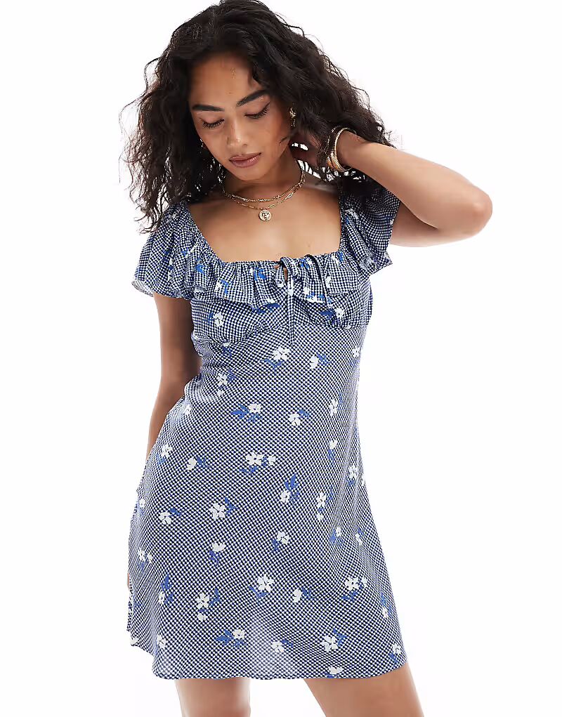 Мини-платье New Look в клетку с квадратным вырезом и цветочным узором в синем цвете 
Мини-платье New Look в клетку с квадратным вырезом и цветочным узором в синем цвете