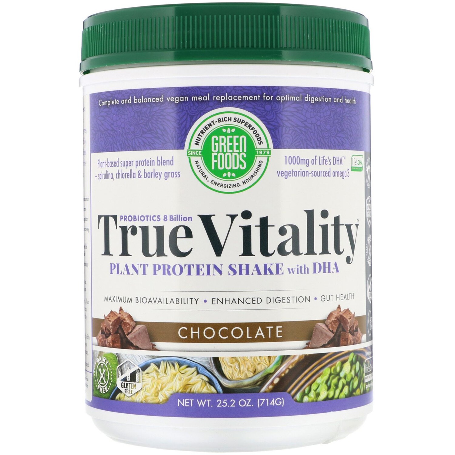 Green Foods Corporation True Vitality Растительный протеиновый шейк с DHA шоколад 25.2 унции (714 г)
Green Foods Corporation True Vitality Растительный протеиновый шейк с DHA шоколад 25.2 унции (714 г)