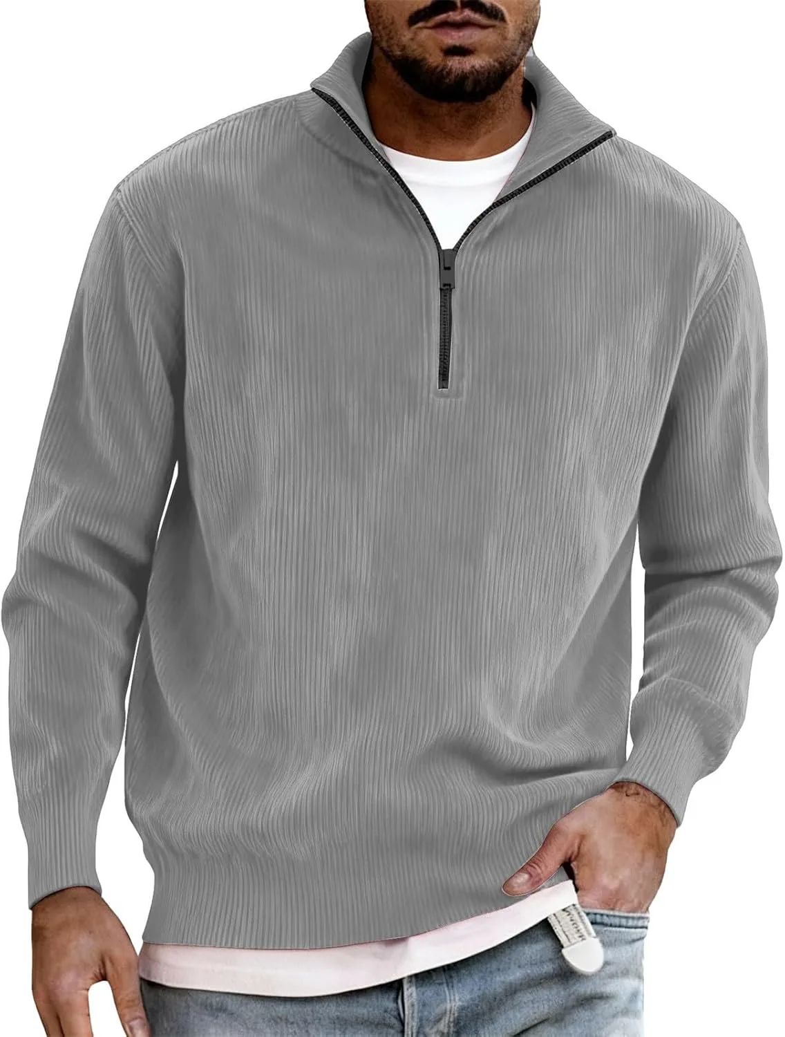 Мужской пуловер на четверть молнии из вельвета — Slim Fit, легкий трикотаж
Мужской пуловер на четверть молнии из вельвета — Slim Fit, легкий трикотаж