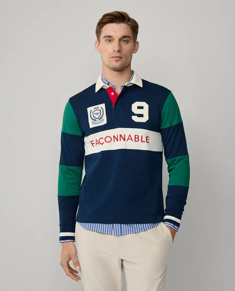 Мужское регбийное поло с полосатыми рукавами и вышивкой на передней части Façonnable, синий
Мужское регбийное поло с полосатыми рукавами и вышивкой на передней части Façonnable, синий
