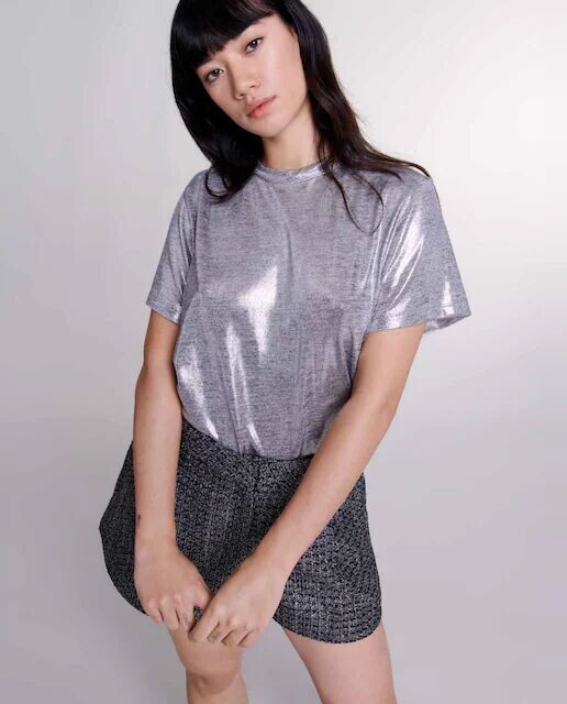 Женская футболка из ламе с круглым вырезом Maje, серебряный
Женская футболка из ламе с круглым вырезом Maje, серебряный