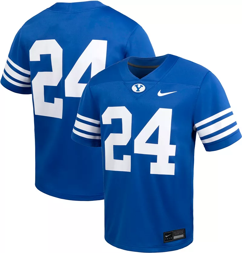 Мужская футбольная майка Nike BYU Cougars #24, синяя домашняя реплика
Мужская футбольная майка Nike BYU Cougars #24, синяя домашняя реплика