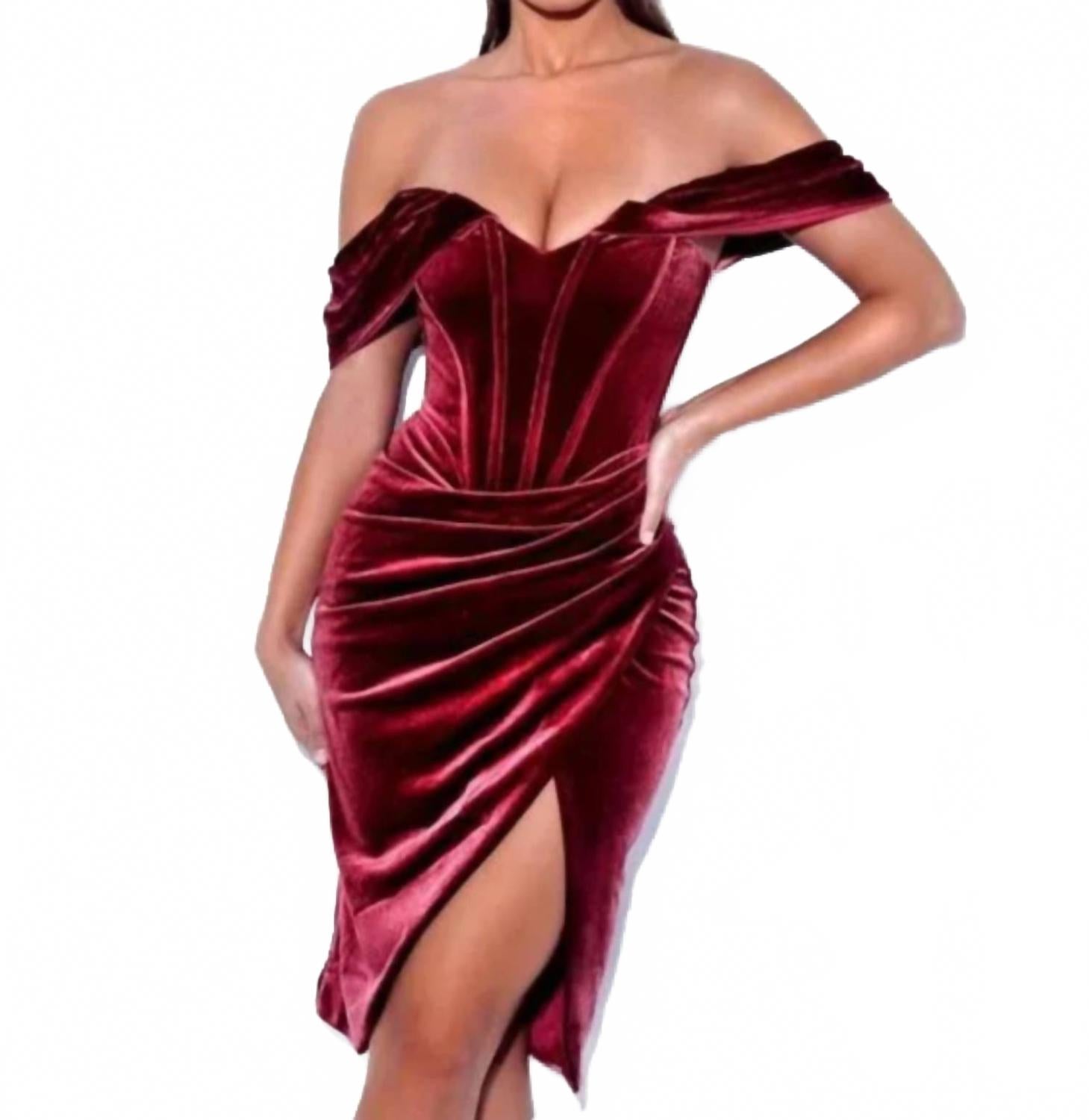 Бордовое бархатное платье-корсет с драпировкой миди и открытыми плечами Miss Circle
Бордовое бархатное платье-корсет с драпировкой миди и открытыми плечами Miss Circle