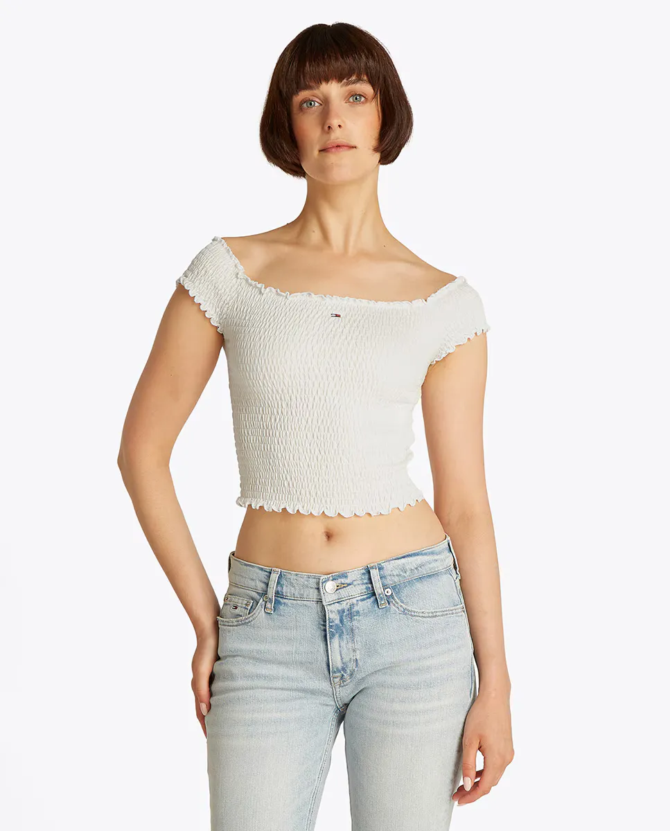Женский кроп-топ с плиссированной тканью и вырезом лодочкой Tommy Jeans, белый
Женский кроп-топ с плиссированной тканью и вырезом лодочкой Tommy Jeans, белый