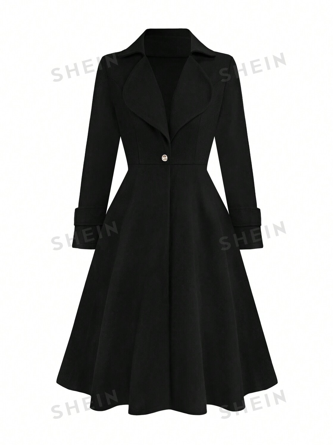 Clasi, Однотонное шерстяное пальто с воротником, длинными рукавами, одной пуговицей, простой и элегантный стиль. Для женщин больших размеров Shein, черный 
Clasi, Однотонное шерстяное пальто с воротником, длинными рукавами, одной пуговицей, простой и элегантный стиль. Для женщин больших размеров Shein, черный