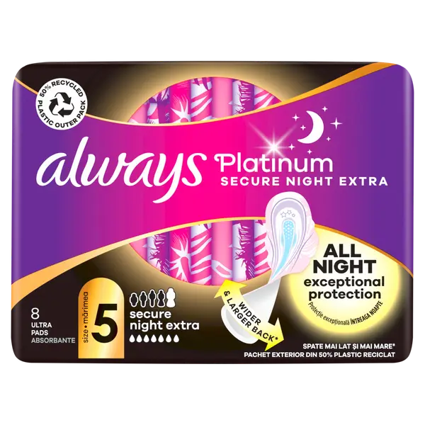 Прокладки гигиенические, 8 шт./1 упаковка. Always Platinum night extra
Прокладки гигиенические, 8 шт./1 упаковка. Always Platinum night extra