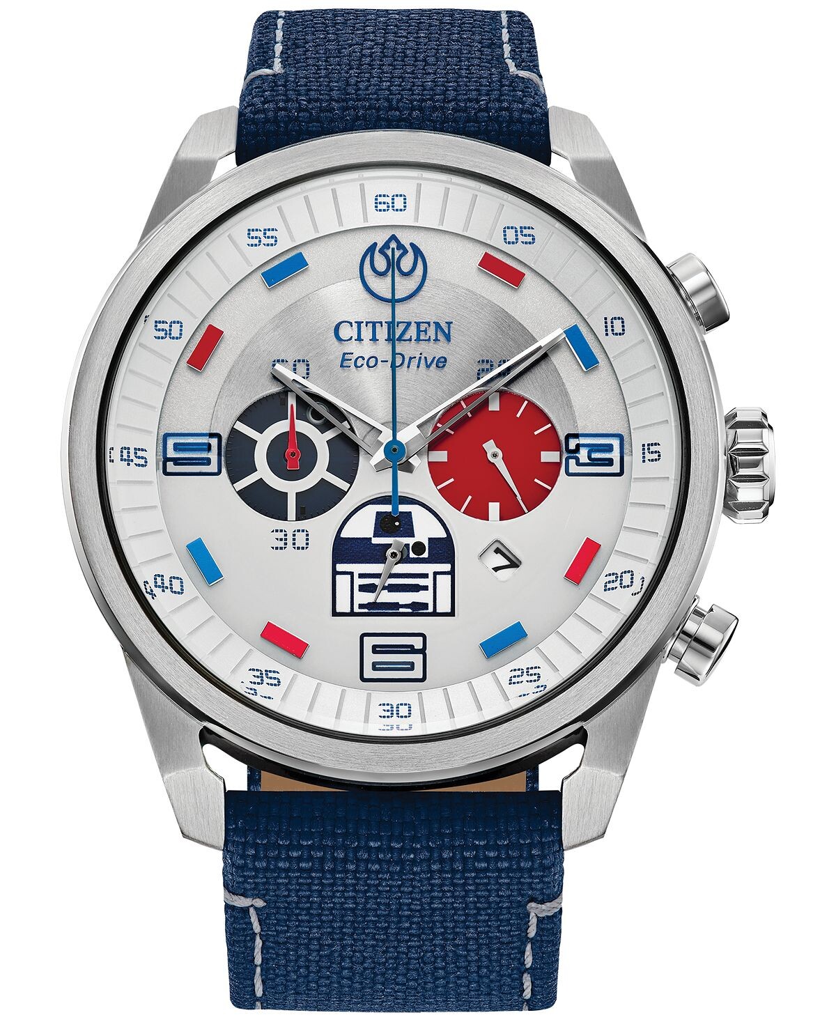 Мужские часы Eco-Drive с хронографом «Звездные войны R2-D2» с синим нейлоновым ремешком, 45 мм Citizen 
Мужские часы Eco-Drive с хронографом «Звездные войны R2-D2» с синим нейлоновым ремешком, 45 мм Citizen