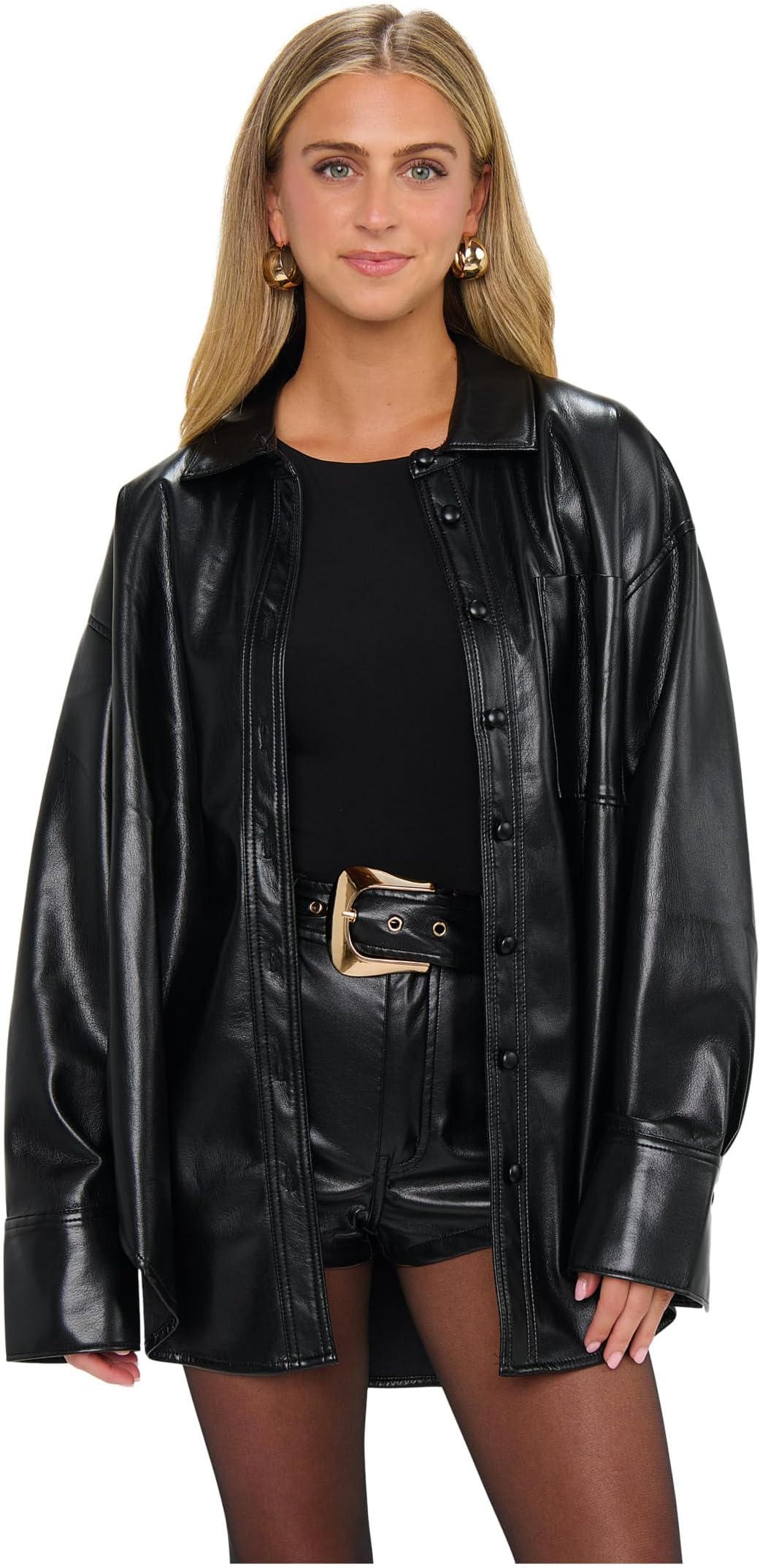 Женская куртка-рубашка Lincoln Show Me Your Mumu, Black Faux Leather
Женская куртка-рубашка Lincoln Show Me Your Mumu, Black Faux Leather