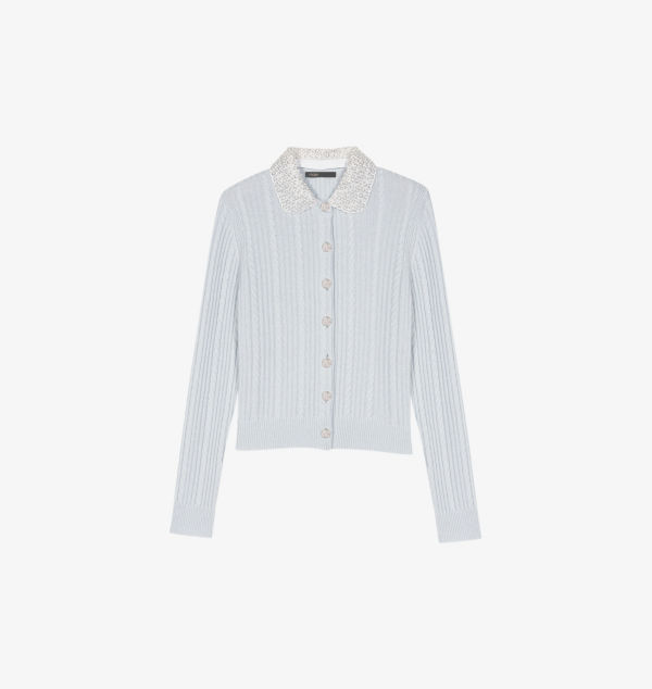 Кардиган из шерсти и кашемира с декорированным воротником Maje, синий
Кардиган из шерсти и кашемира с декорированным воротником Maje, синий