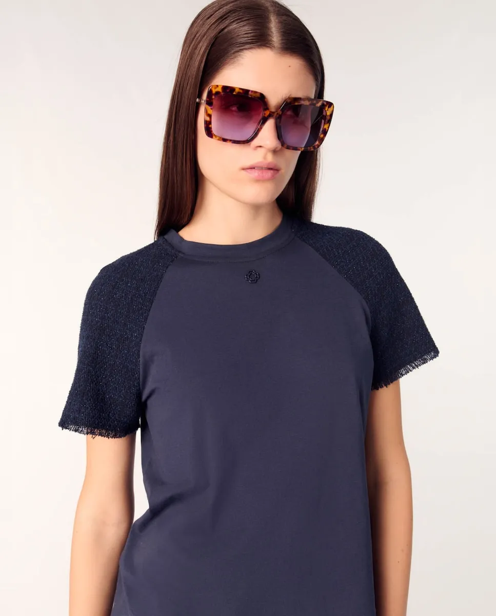 Женская хлопковая футболка с твидовыми рукавами Maje, тёмно-синий
Женская хлопковая футболка с твидовыми рукавами Maje, тёмно-синий