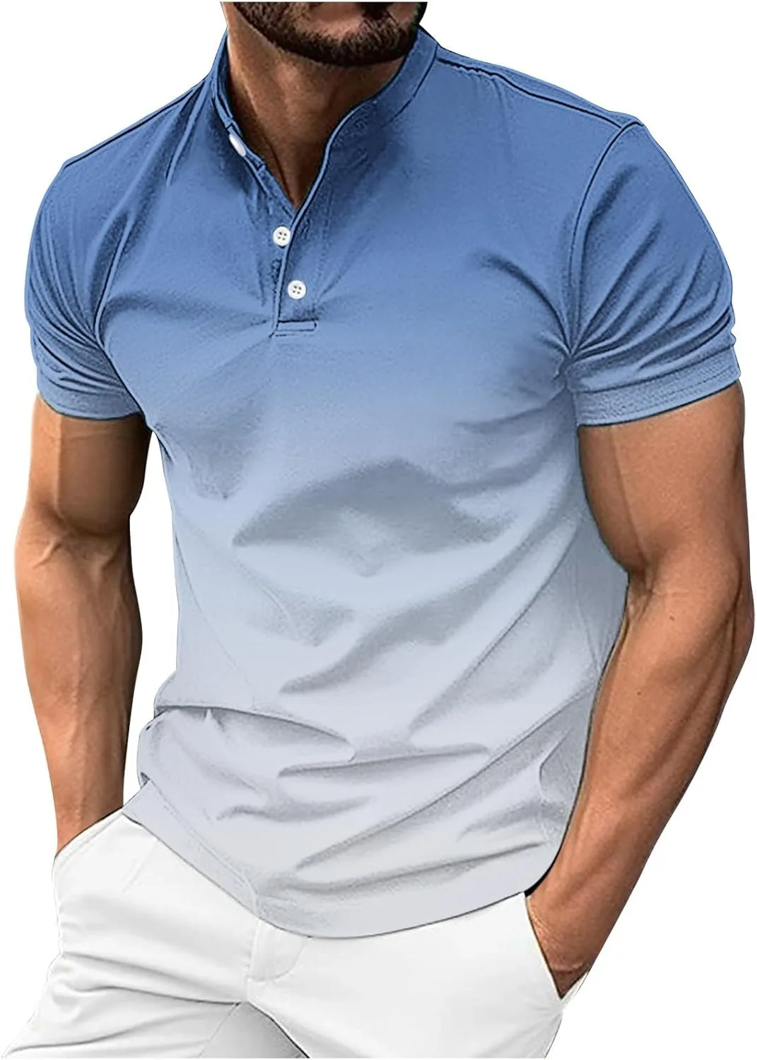 Поло для мужчин без воротника, омбре, короткий рукав
Поло для мужчин без воротника, омбре, короткий рукав