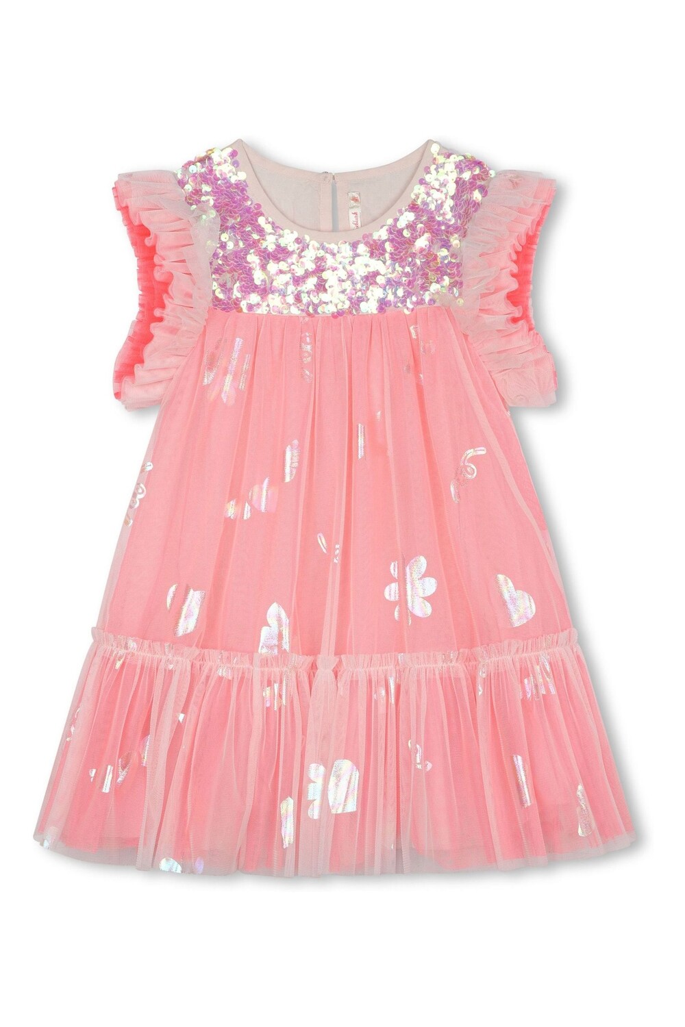 Розовое вечернее платье из блестящей сетки с рюшами на рукавах Billieblush, розовый, Черный, Розовое вечернее платье из блестящей сетки с рюшами на рукавах Billieblush, розовый