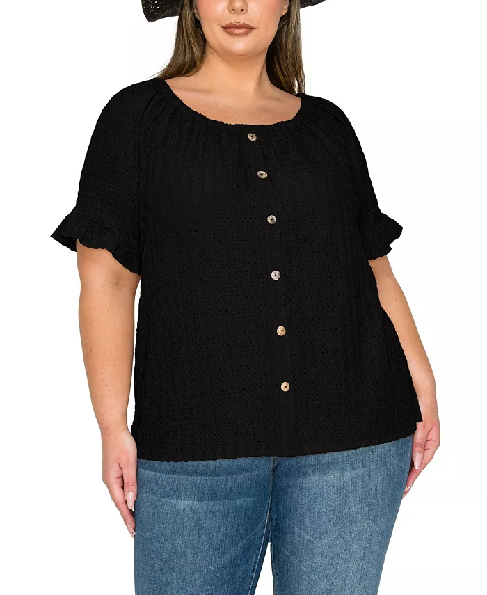 Плюс сайз блуза в крестьянском стиле с кружевными вставками, пуговицами спереди и рукавами с рюшами COIN 1804, черный 
Плюс сайз блуза в крестьянском стиле с кружевными вставками, пуговицами спереди и рукавами с рюшами COIN 1804, черный