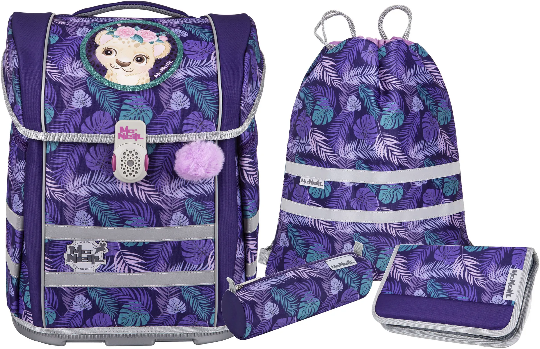 Школьная сумка McNeill "Perfecto, Jungle", светоотражающие полосы на лямках, светоотражающие поверхности, в том числе пенал, спортивная сумка, рулончик для карандашей и магнит с мотивом, цвет Dschungel 
Школьная сумка McNeill "Perfecto, Jungle", светоотражающие полосы на лямках, светоотражающие поверхности, в том числе пенал, спортивная сумка, рулончик для карандашей и магнит с мотивом, цвет Dschungel