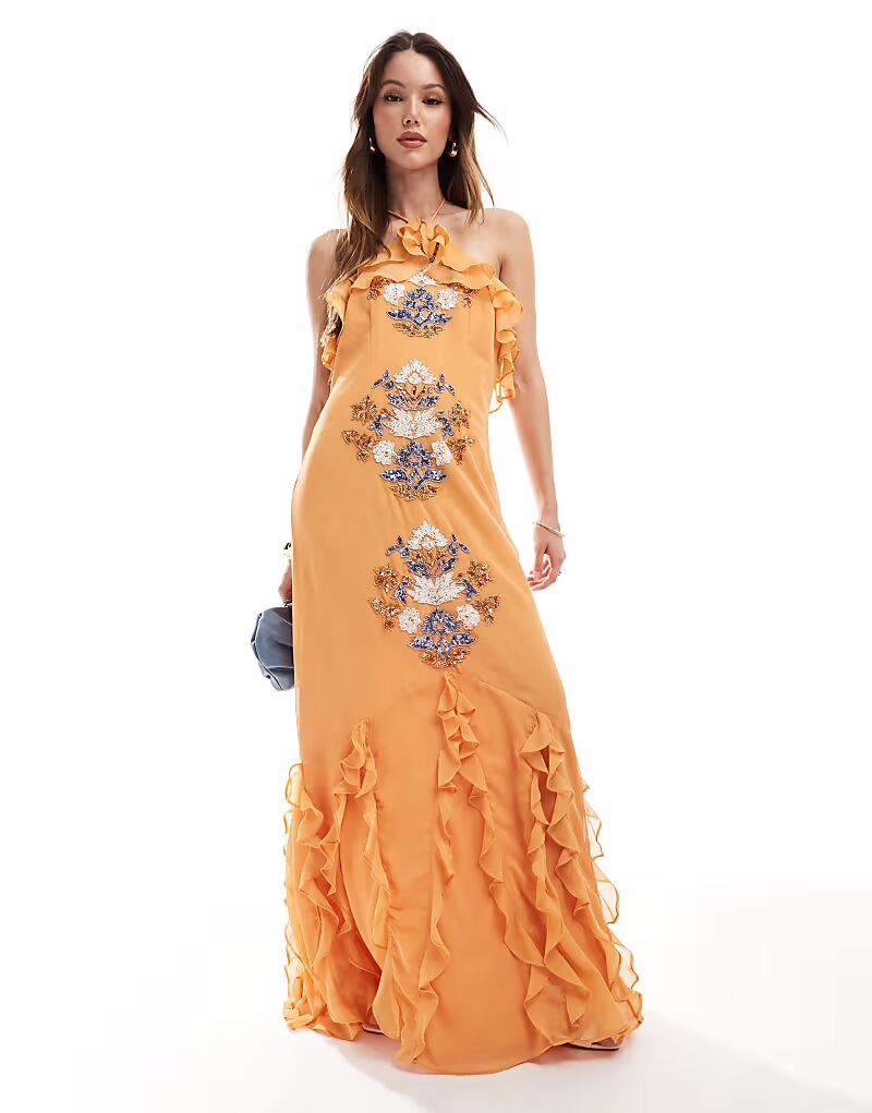 Платье макси Maya с отделкой халтер-воротником и оборками оранжевого цвета
Платье макси Maya с отделкой халтер-воротником и оборками оранжевого цвета
