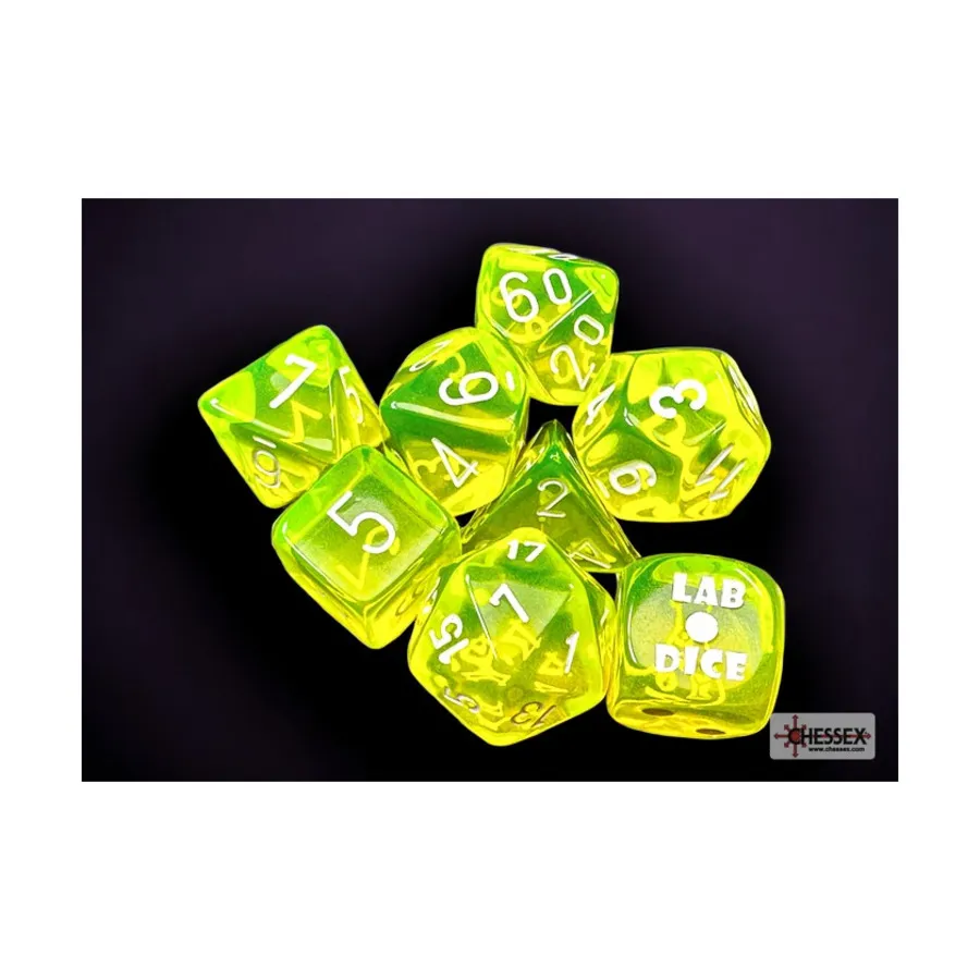 Poly Set Полупрозрачный неоновый желтый с белым (8), Dice - Lab - Poly Sets (Chessex)
Poly Set Полупрозрачный неоновый желтый с белым (8), Dice - Lab - Poly Sets (Chessex)