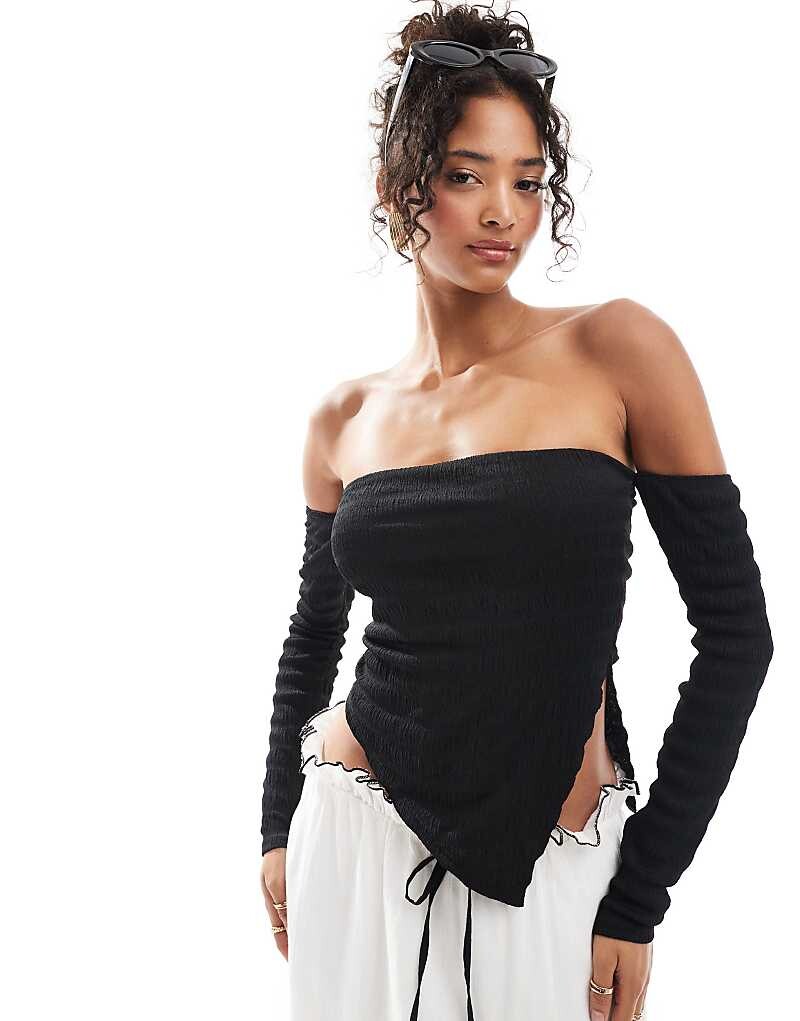 ASOS DESIGN – Черный структурированный топ с вырезом «Кармен» и асимметричным подолом
ASOS DESIGN – Черный структурированный топ с вырезом «Кармен» и асимметричным подолом