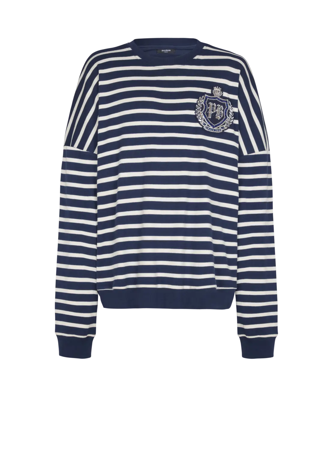 Хлопковый свитшот с эмблемой колледжа и бретонскими полосками Balmain, синий
Хлопковый свитшот с эмблемой колледжа и бретонскими полосками Balmain, синий