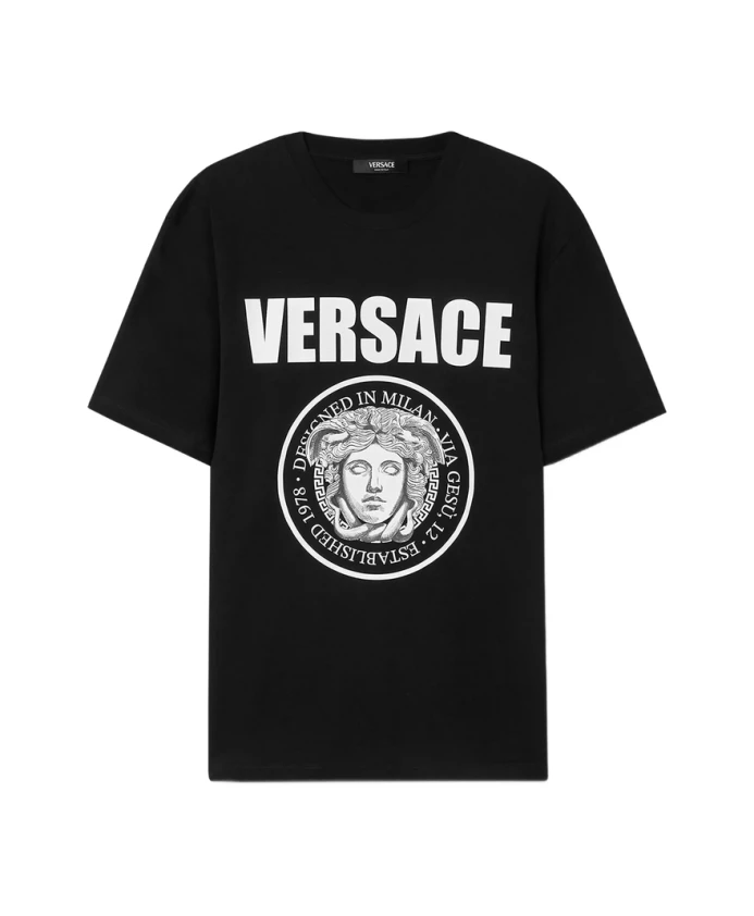 Черная футболка с круглым вырезом и логотипом Versace, черный
Черная футболка с круглым вырезом и логотипом Versace, черный