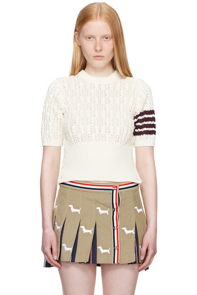 Свитер с ажурной вязкой Pointelle и 4 планками Thom Browne, белый 
Свитер с ажурной вязкой Pointelle и 4 планками Thom Browne, белый