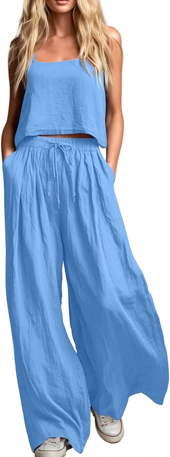 Женский летний комплект из топа и широких брюк для пляжа
Женский летний комплект из топа и широких брюк для пляжа