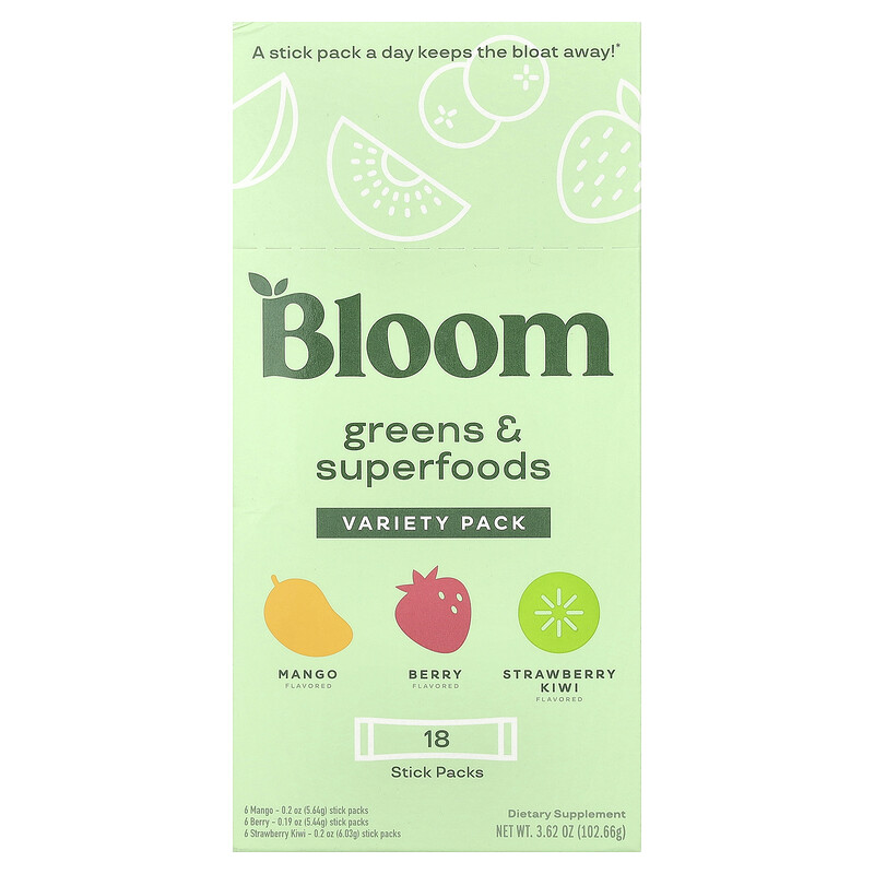 Bloom, Greens & Superfoods, Variety Pack, 18 стиков, 102,36 г (3,6 унции)
Bloom, Greens & Superfoods, Variety Pack, 18 стиков, 102,36 г (3,6 унции)