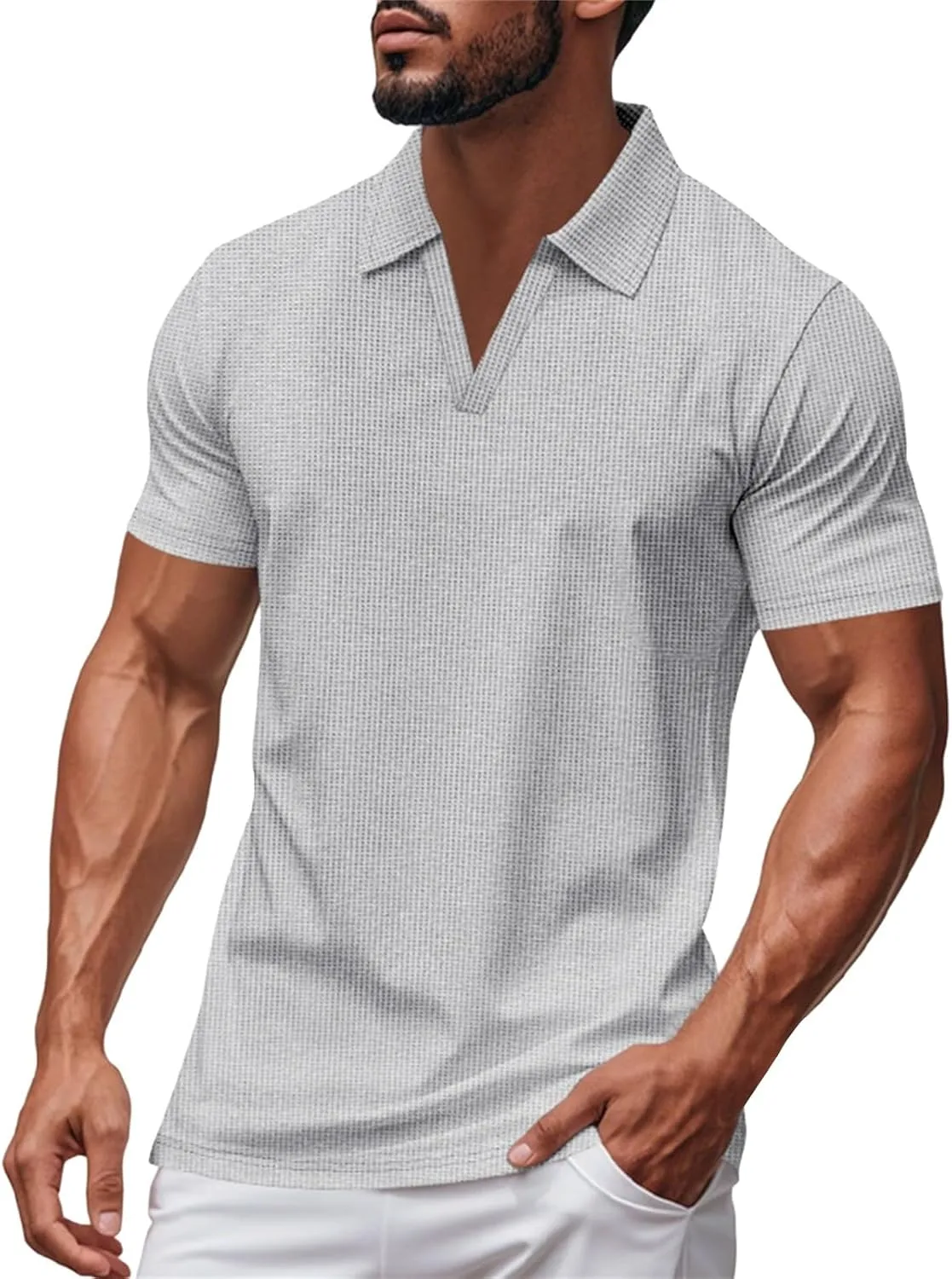 Мужская вязаная поло с V-образным вырезом и коротким рукавом
Мужская вязаная поло с V-образным вырезом и коротким рукавом