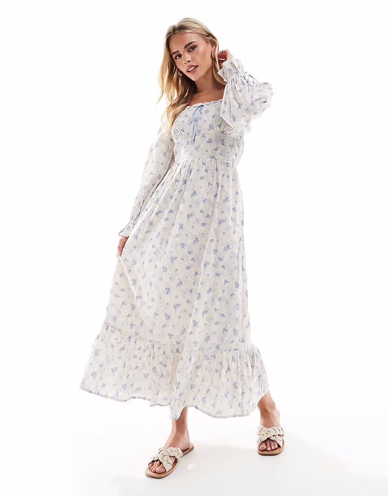 Платье-макси Miss Selfridge Petite для доярки с синим мелким цветочным принтом 
Платье-макси Miss Selfridge Petite для доярки с синим мелким цветочным принтом