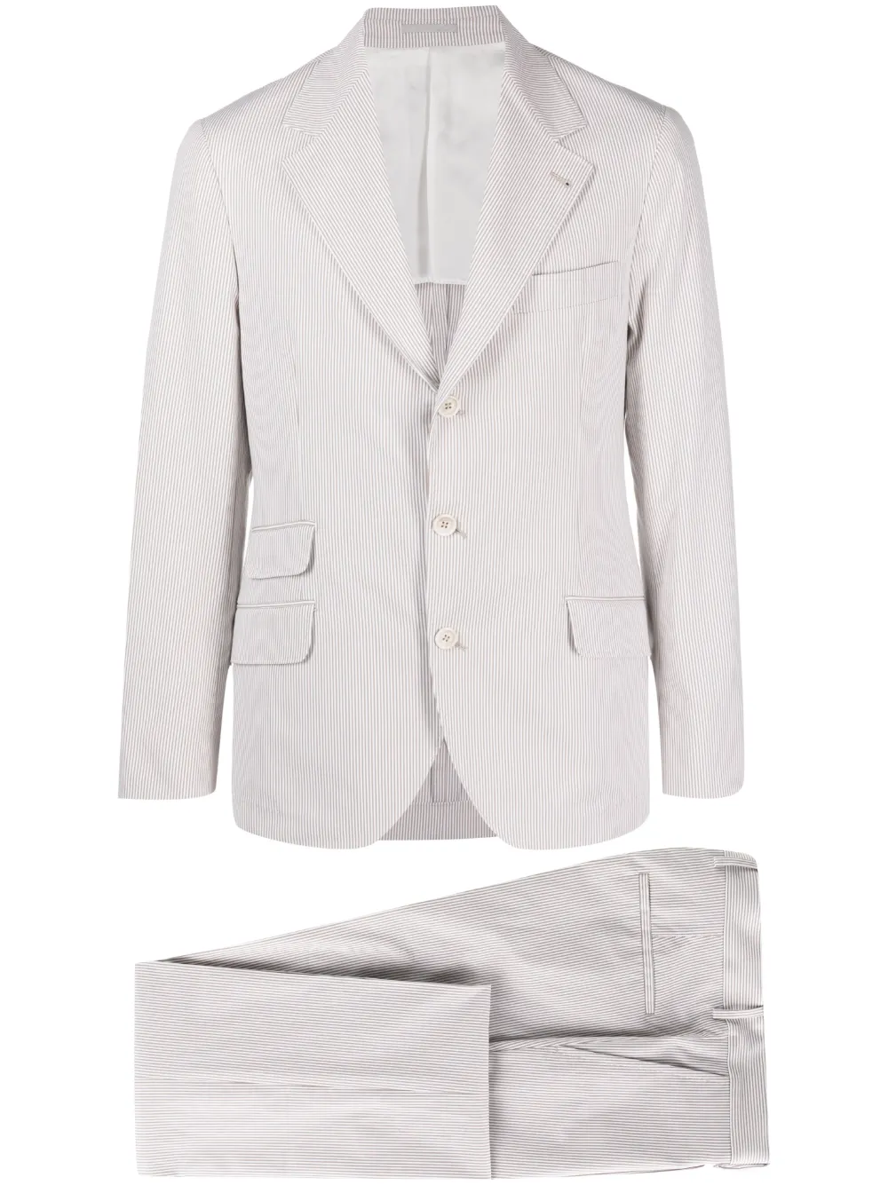 Полосатый костюм с однобортным пиджаком Brunello Cucinelli, нейтральный
Полосатый костюм с однобортным пиджаком Brunello Cucinelli, нейтральный
