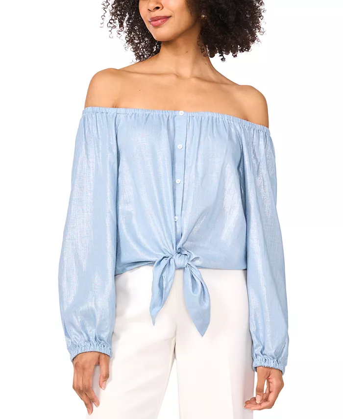 Женская блузка с открытыми плечами, завязками по низу и застежкой на пуговицы Vince Camuto, синий
Женская блузка с открытыми плечами, завязками по низу и застежкой на пуговицы Vince Camuto, синий
