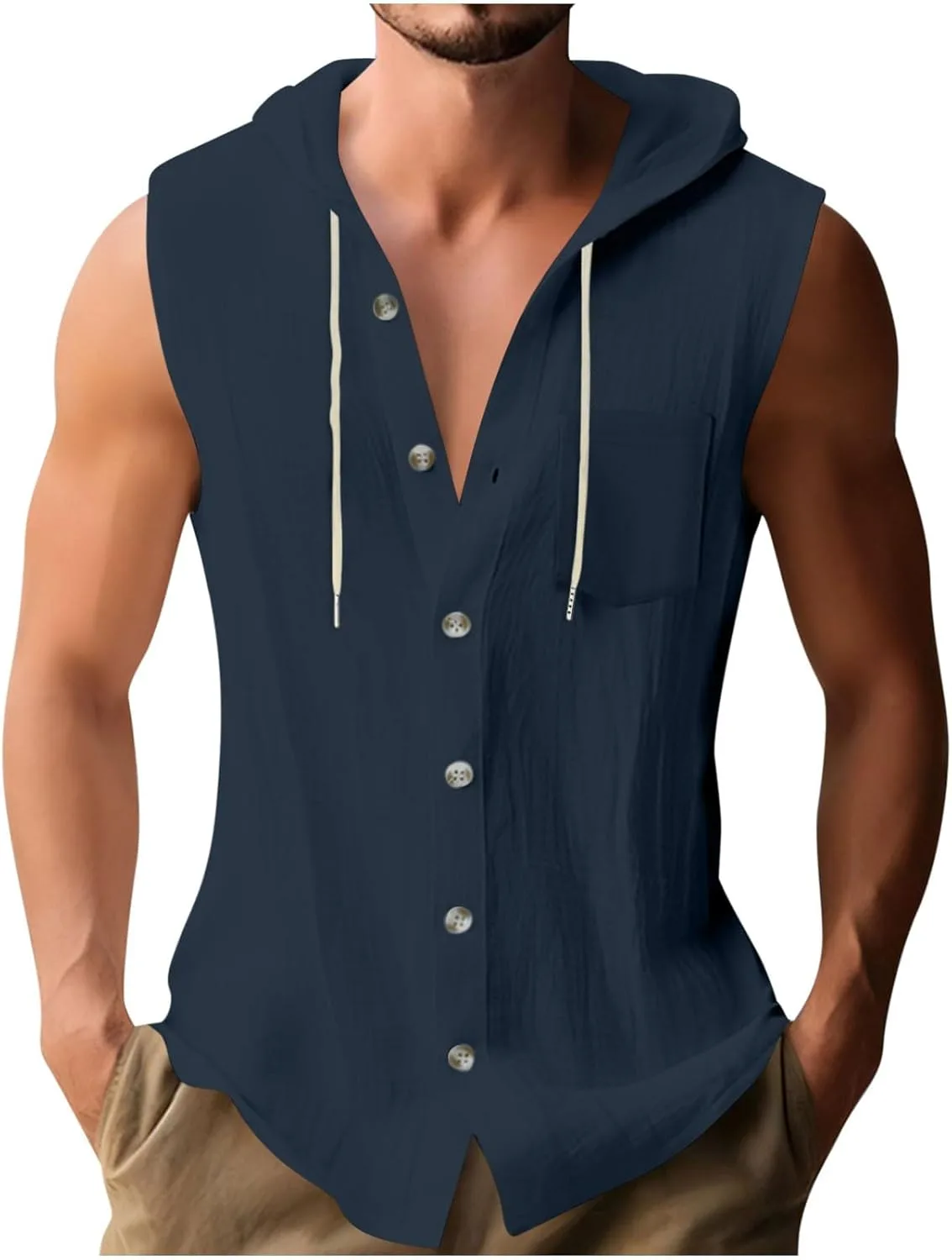 Мужская безрукавка Cotton Linen с капюшоном на пуговицах, карманы
Мужская безрукавка Cotton Linen с капюшоном на пуговицах, карманы