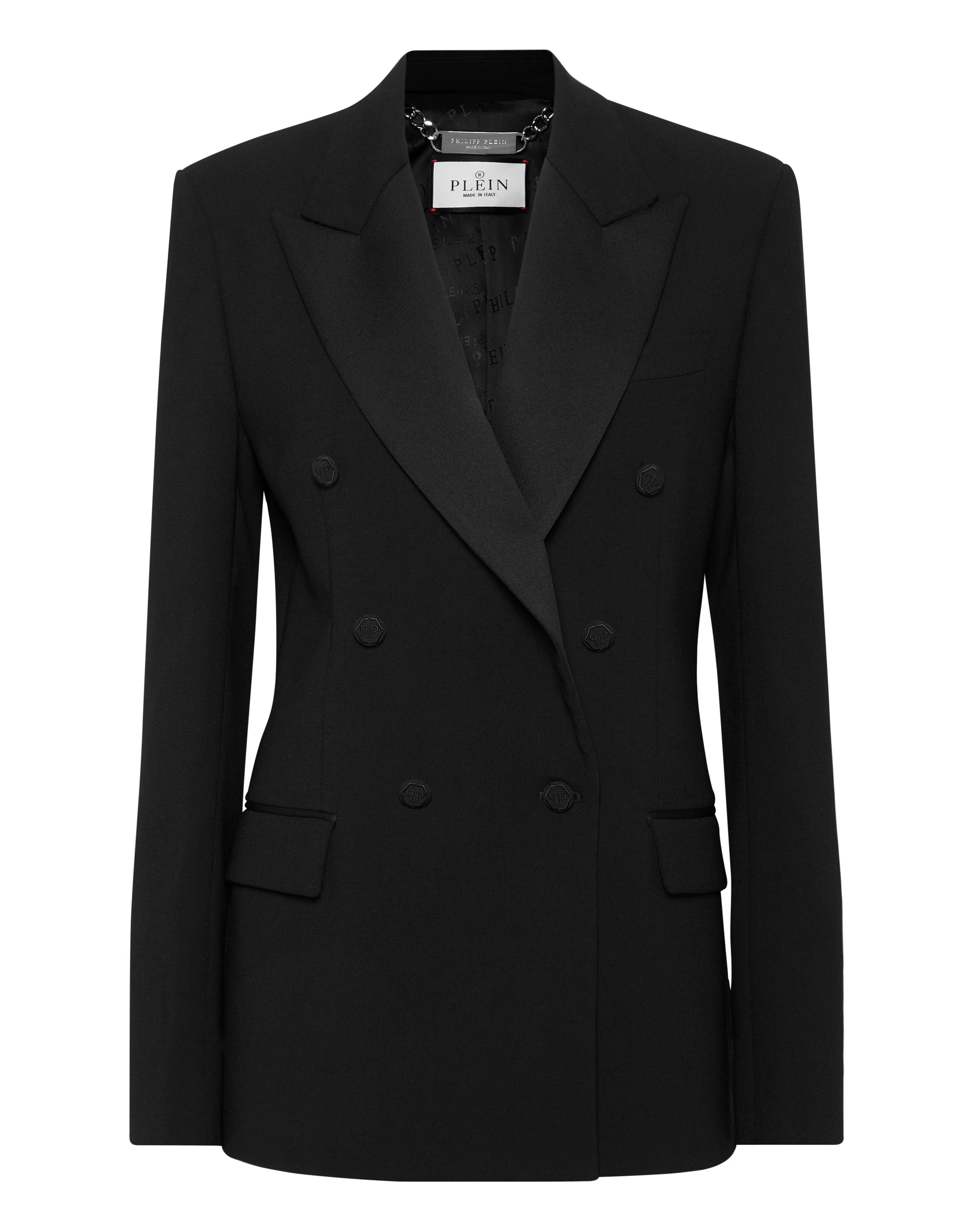 Двубортный блейзер из крепа и атласа Philipp Plein, черный
Двубортный блейзер из крепа и атласа Philipp Plein, черный
