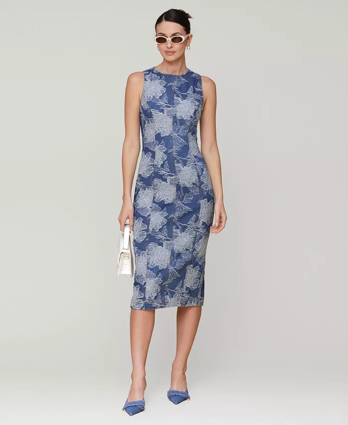 Женское платье миди из денима с цветочной вышивкой Avec Les Filles, синий 
Женское платье миди из денима с цветочной вышивкой Avec Les Filles, синий