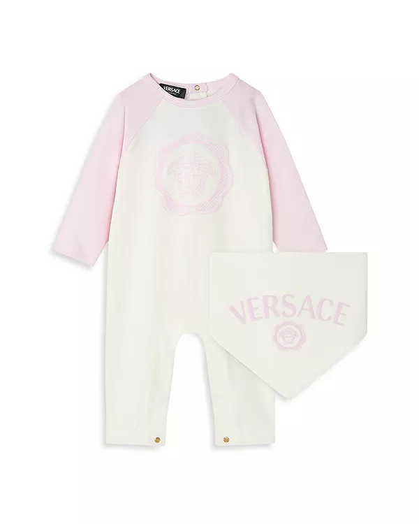 Комбинезон и слюнявчик унисекс для малышей Versace, розовый
Комбинезон и слюнявчик унисекс для малышей Versace, розовый