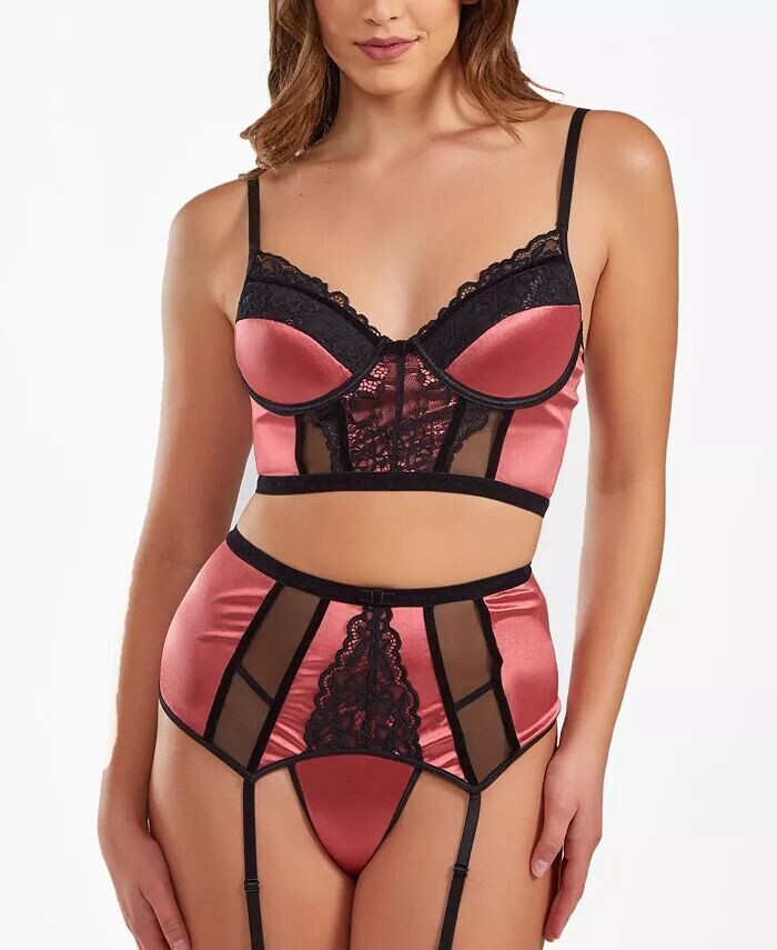 Женский комплект нижнего белья из 3 предметов: бюстгальтер на косточках с поролоновыми чашечками, юбка для чулок и стринги из атласа iCollection, розовый